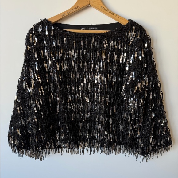 Zara Black Sequin Fringe Blouse - Picture 4 of 9